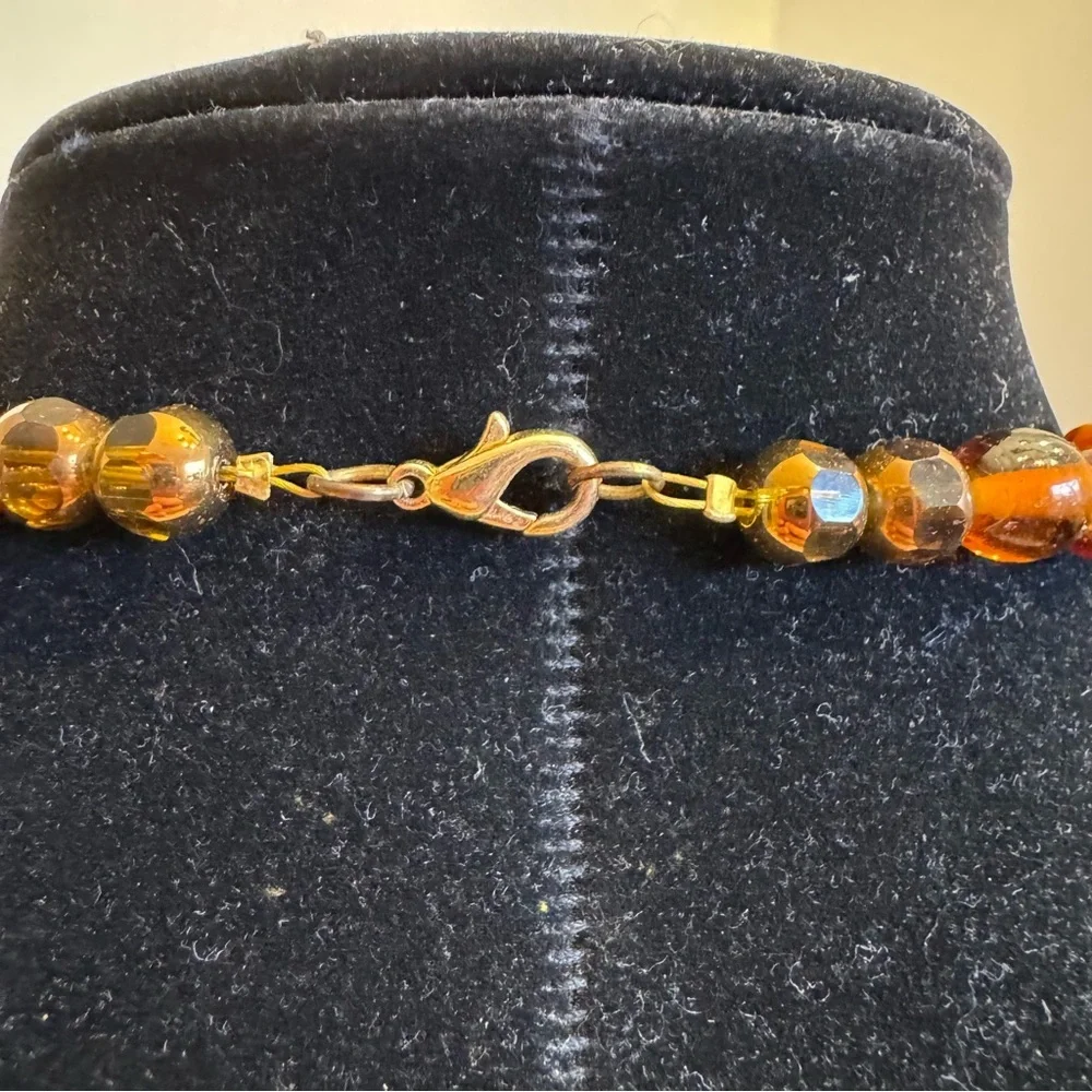Vintage Brown Amber Color Gold Foil Lampwork Handmade Art Glass Beaded Necklace